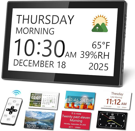 Mesqool 10.1" Dementia Clock for Seniors with Time and Date Display, Medication Reminders, Large Digital Calendar, Auto Dimming, Remote Control, Indoor Temperature & Humidity, Wall Mountable