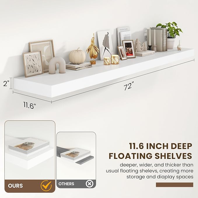 FLYJOE 72 Inch Floating Shelves | 12 Inch Deep White Floating Shelves Set of 2 | 72" W x 12" D Rustic White Wood Wall Shelves for Bathroom Living Room Kitchen Laundry Room