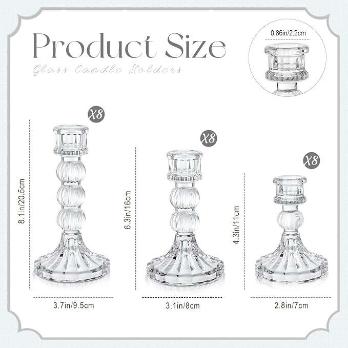 Mumufy 24 Pack Glass Taper Candle Holders Clear Candlestick Holder Fit 0.8 Inch Candles 4'' 6'' 8'' Tall Crystal Decorative Candlestick Stand Centerpiece for Table Wedding Dining Party (Vertical)