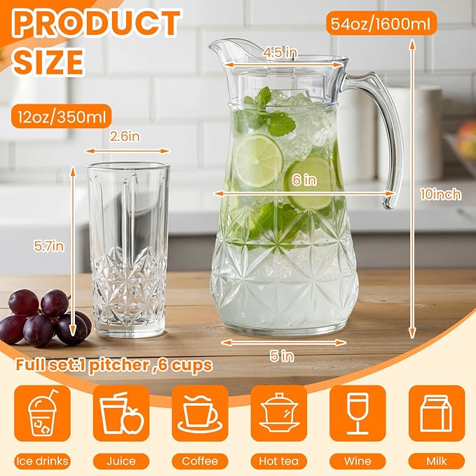 LemonRoad 7 Pcs Glasses Pitcher Drinkware Set 54oz Pitcher Carafe and 6 Tall Drinking Beverage Set, Jug with Lid and Spout for Juice, Iced Tea or Water(Crystle Style)