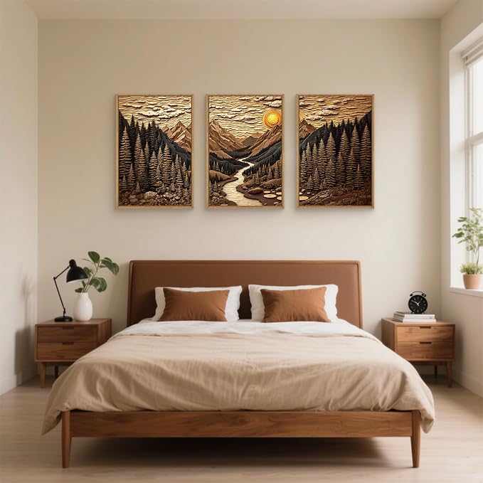 HPINUB Abstract Landscape Mountain Canvas Wall Art Set, Vibrant Sun Forest Pine Tree Wall Decor, Wilderness Nature River Artwork Rustic Scenery Art Print for Living Room,Bedroom,Office-16 x24 x3