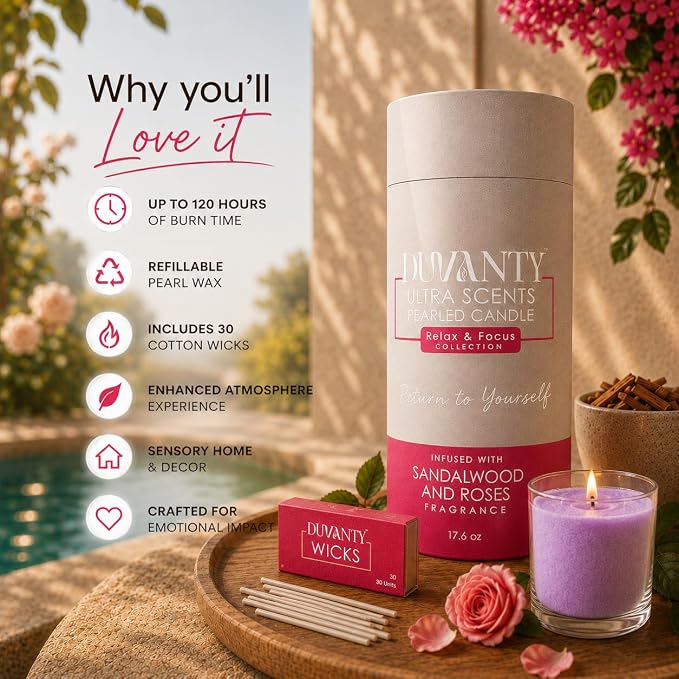Relax & Focus Pearled Candle Sand with Wicks – Sandalwood & Roses Scented Candle for Elegant Home Ambiance, Decorative Wax Beads & Cozy Evening Rituals, 17.6 oz