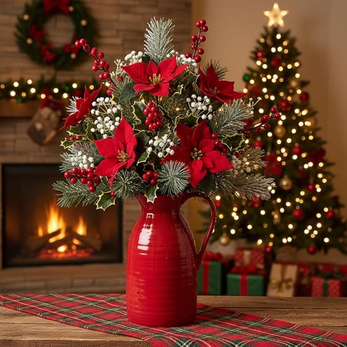 hjn hjn Farmhouse Pitcher Vase for Flowers- Ceramic Pitcher Vase Red Decorative Pitcher for Your Kitchen/Home Decor/Office/Living Room/Bookshelf/Mantel/-Red