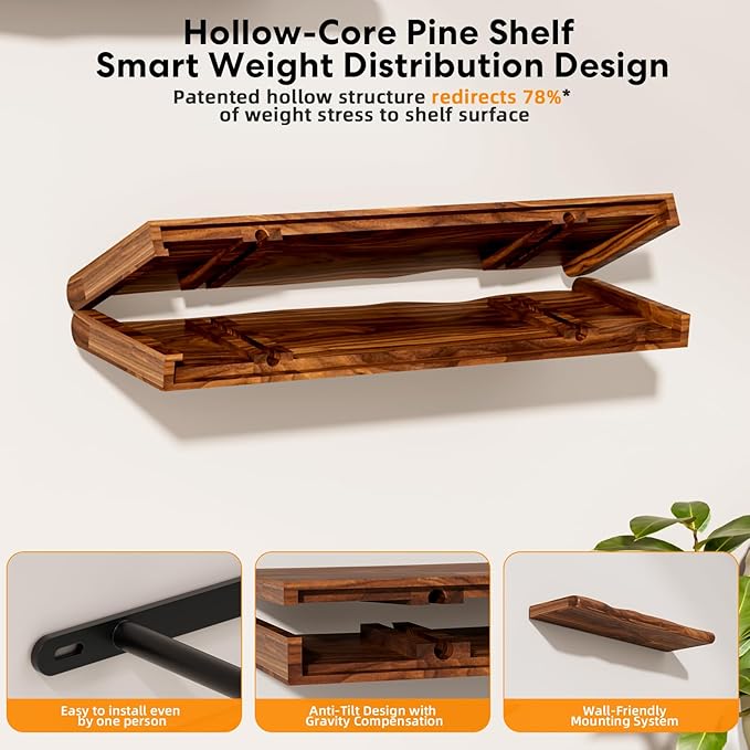 Floating Shelves for Wall Rustic Farmhouse 55 Inch Floating Shelf Bathroom Wooden Shelves for Wall Mounted Live Edge Pine Shelf with Unique Natural Grain for Living Room Bedroom Kitchen (Walnut)