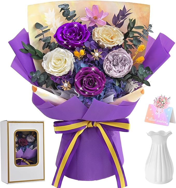 5 Pcs Glitter Purple Preserved Roses Flowers Bouquet, Forever Rose Flowers for Delivery, Birthday Gifts for Women, Long-Lasting Red Roses with Vase Gift Box, Forever Flowers for Wife Mothers Day