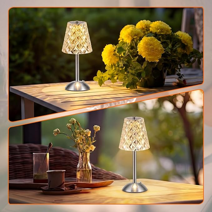 Liliful 2 Pcs Cordless Table Lamp Rechargeable Touch LED Small Gold Portable Battery Operated USB-c Desk Lamp 3 Color Dimmable for Bedroom Living Room Dining (Silver,Diamond Style)