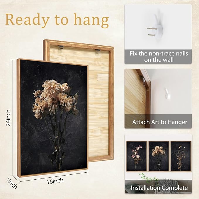 SIKERIC Dark Moody Dried Floral Wall Art, Framed Canvas Print Set of 3, Minimalist Botanical Wildflower Wall Art Decor, Black Modern Farmhouse Wall Art Painting for Living Room, Bedroom, Office-16x24