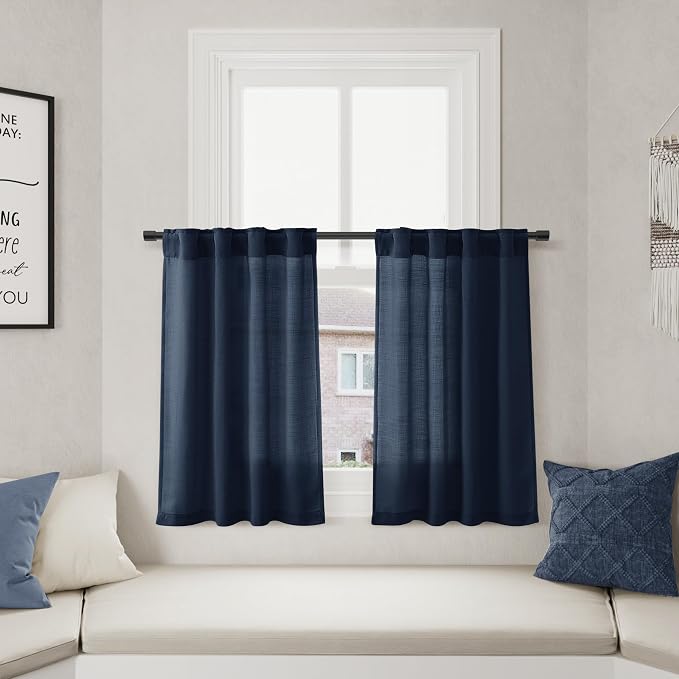 Nanspring Denim Blue Linen Cafe Curtains Linen Kitchen Curtain 24 Inch Length 2 Panels Semi Light Filtering Short Tier Drape with Back Tab Rod Pocket for Small Windows Cafe Bathroom Over Sink 26Wx24L