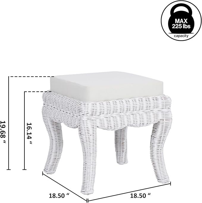 JONATHAN Y Rowan Woven Rattan Vanity Stool with White Cushion, 18.5" Coastal Backless Makeup Chair for Bedroom & Bathroom, White Distressed Mango Wood Wicker Ottoman Footrest VSL1000D