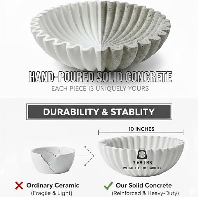 10 Inch Scalloped Ruffle Hand Poured Concrete Decorative Fruit Bowl Beige | Solid concrete wabi sabi centerpiece bowl for kitchen counter, entryway key storage & coffee table decor