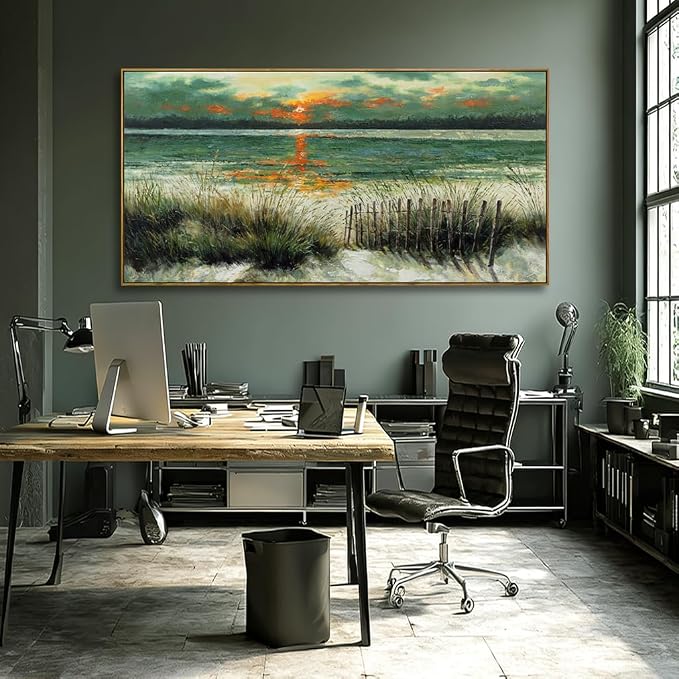 Large Abstract Green Framed Canvas Wall Art,Neutral Sunrise Beach Sea Ocean Pictures,Modern Minimalist Artwork for Living Room,Bedroom,Dining Room,Office-29 x58