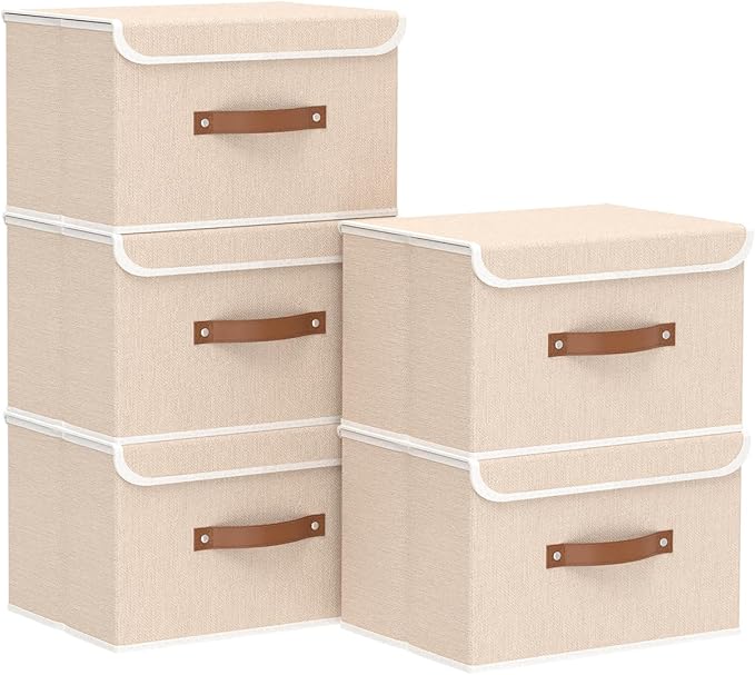 Yawinhe Collapsible Storage Boxes, Stackable Linen Fabric Baskets, Bin with lid and Leather Handle, Washable, for Home, Closet, Beige, 10.2x7.9x6.7 In, 5-Pack, SNK024BEN-5