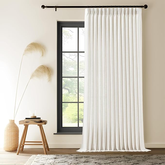Pinch Pleated Extra Wide Linen Curtains 102 Inch Long for Sliding Glass Door, Beige White Light Filtering Curtain Textured Semi-Sheer Pleat Drapes with Hooks 60 Inch Width for Living Room Farmhouse