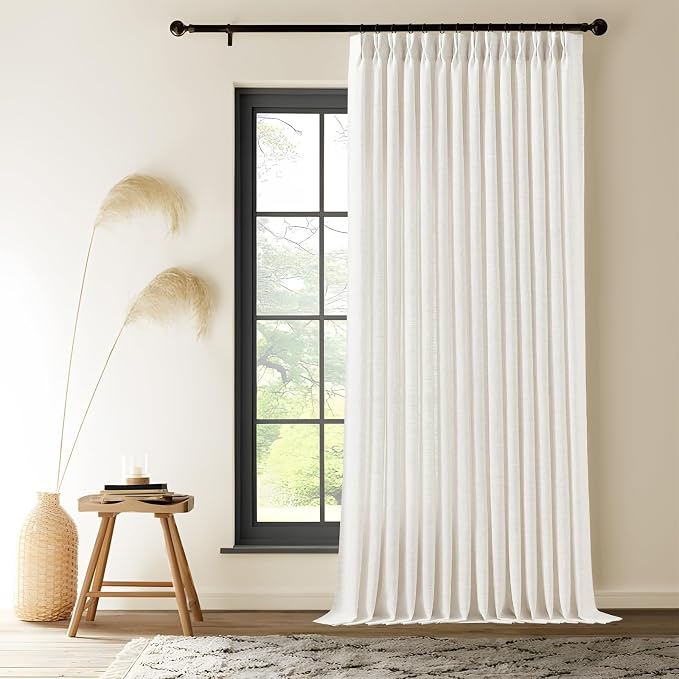 Extra Wide Pinch Pleated Linen Curtains for Living Room Sliding Glass Door 90 Inch Long, Beige White Light Filtering Curtain Textured Thick Pleat Semi-Sheer Drapes with Hooks 70 Inch Width, 1 Panel