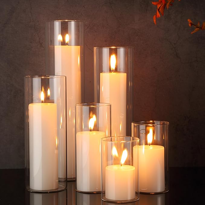 Shihanee Set of 6 Pillar Candles and Glass Cylinder Vases Assorted Sizes Cylinder Holders for Pillar Candles Home Table Centerpieces Wedding Party Decorations (Ivory)