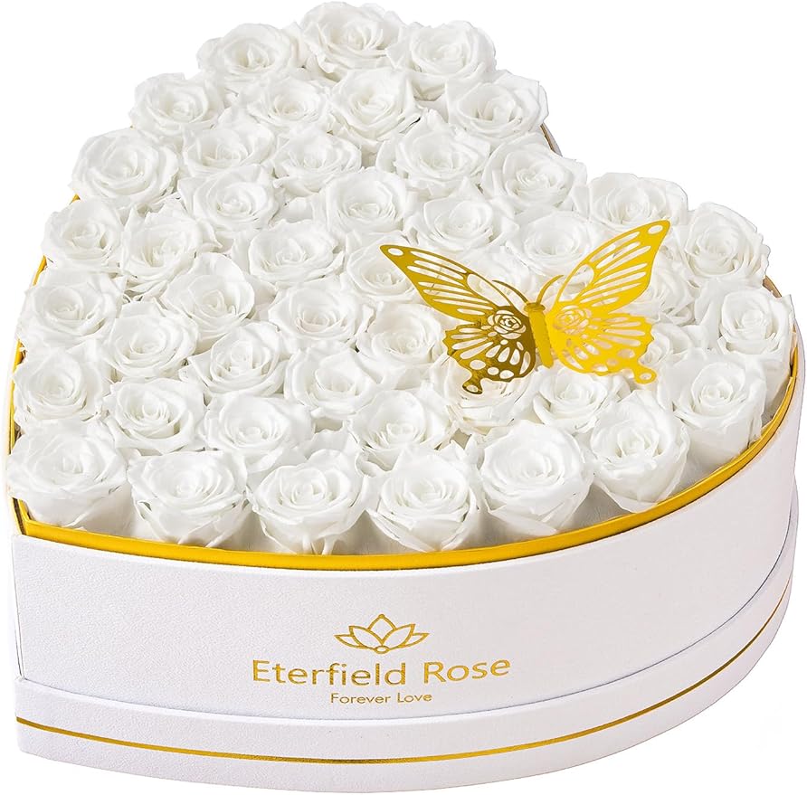 Eterfield 47 Forever Flowers in Heart Shape Box, Preserved Roses That Last a Year Preserved Flowers Birthday Gifts for Her Mom Women Wife Anniversary Valentines Day Mothers Day Christmas, White