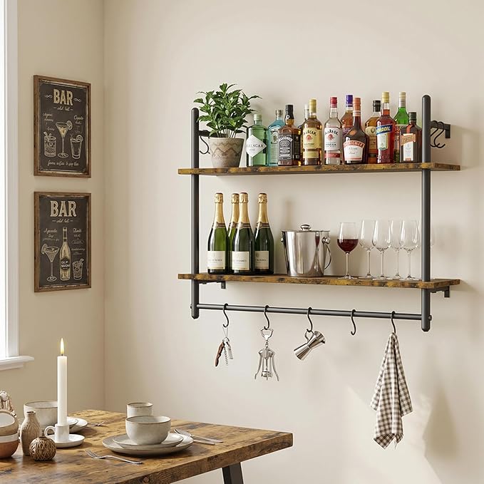 Merapi Industrial Pipe Floating Shelf with Towel Bar & Hooks - 31.5" Wall Mounted Kitchen, Bathroom, Coffee Bar Shelf - Modern Farmhouse Wood & Metal Shelves with 8 S-Hooks
