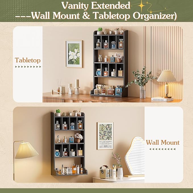 Keebofly Perfume Organizer Wall Mount & Large Cologne Display Case - Wooden Multi-Tier Trinket Shelf for Fragrances, Collectibles, Figures, Miniatures, Cosmetics and Shot Glasses,Black