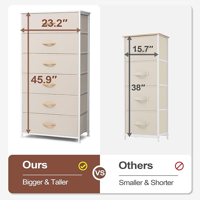 Crestlive Products Dresser for Bedroom with 6 Drawers, Tall Chest of Drawers, Fabric Dressers Bedroom Furniture, Storage Organizer Unit with Bins for Closet, Hallway, Living Room, Entryway(Beige)