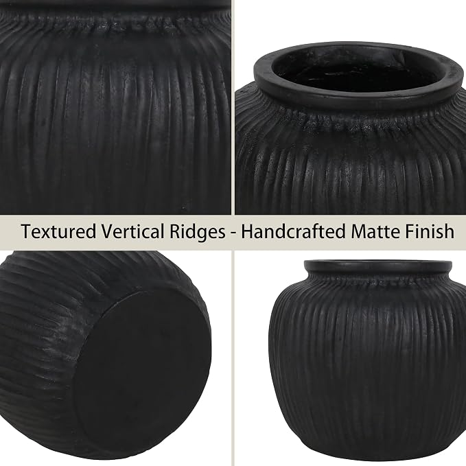 Oakrain Large Rustic Vase with Vertical Ribbed Texture, 11" Vintage Black Round Vase, Decorative Planter for Indoor, Table Centerpieces, Distressed Decor