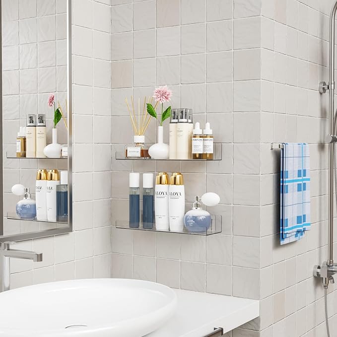 Yieach 2 Pack Acrylic Shelves for Wall Storage,No Drilling Adhesive Shelves,Clear Stick On Bathroom Wall Shelf Organizers,Plastic Floating Shelves for Perfume,Funko,Lego,Makeup,Book Shelf for Kids