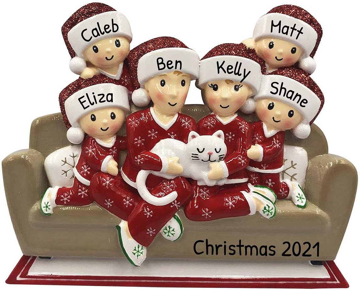 3D Matching Pajama Family of 6 with Cat Ornament 2025 Personalized Family Christmas Ornaments 2025 | Pet Lovers Personalized Tree Ornaments Customizable Gifts of Cat Lovers of Six with Pet Ornament