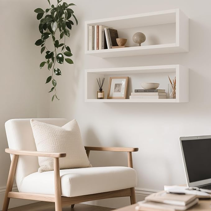 Kaboon 24in Floating Cube Shelves Set of 2, Display Shelves Wall Mount, Decorative Hanging Shelves for Kitchen Living Room Office,(White, Rectangle 2 Cubes)