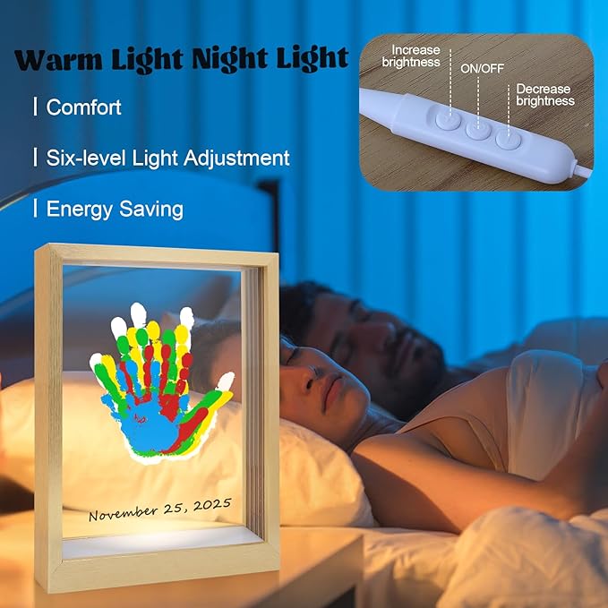 Bixinyo Family Handprint Kit with Light, Baby Hand and Footprint Keepsake Wooden Frame, Family Gifts for Mom, Women, New Parents, Mother's Day, Adoption Gifts, 5 Non-Toxic Paints (Light, Gold)