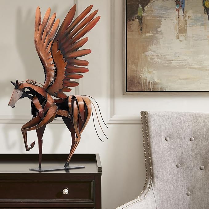 SunBlogs Art Horse Statue Décor Artwork, 24" H Handmade Metal Pegasus Greek Flying Horse Sculpture, Hand-Painted Animal Figurines for Home Living Room Office (Brown with Wings)