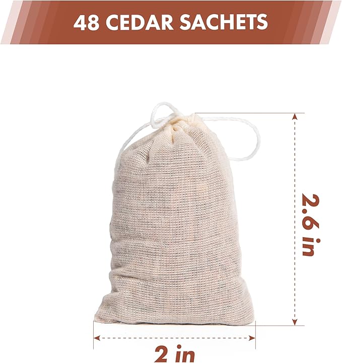 Lavande Sur Terre Pack of 48 Cedar Sachets Bag, Red Cedar Chips Sachets for Clothes Storage, Home Fragrance Sachet for Drawers and Closets, LV-F-CC-3
