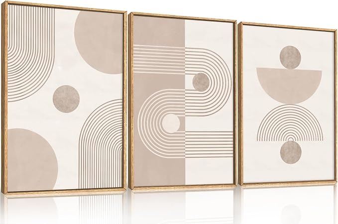 HPINUB Boho Abstract Framed Canvas Wall Art Set, Beige Mid Century Wall Decor, Neutral Geometric Minimalist Line Artwork for Living Room, Bedroom, Dining Room, Office, Bathroom - 24"x36"x3
