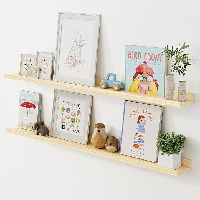 Long Floating Shelves for Wall, 48 inch Solid Wood Picture Ledge Shelf, Picture Shelf for Wall with Ledge, Floating Book Shelves for living room Bedroom Nursery Decor, Natural Unfinished, Set of 2