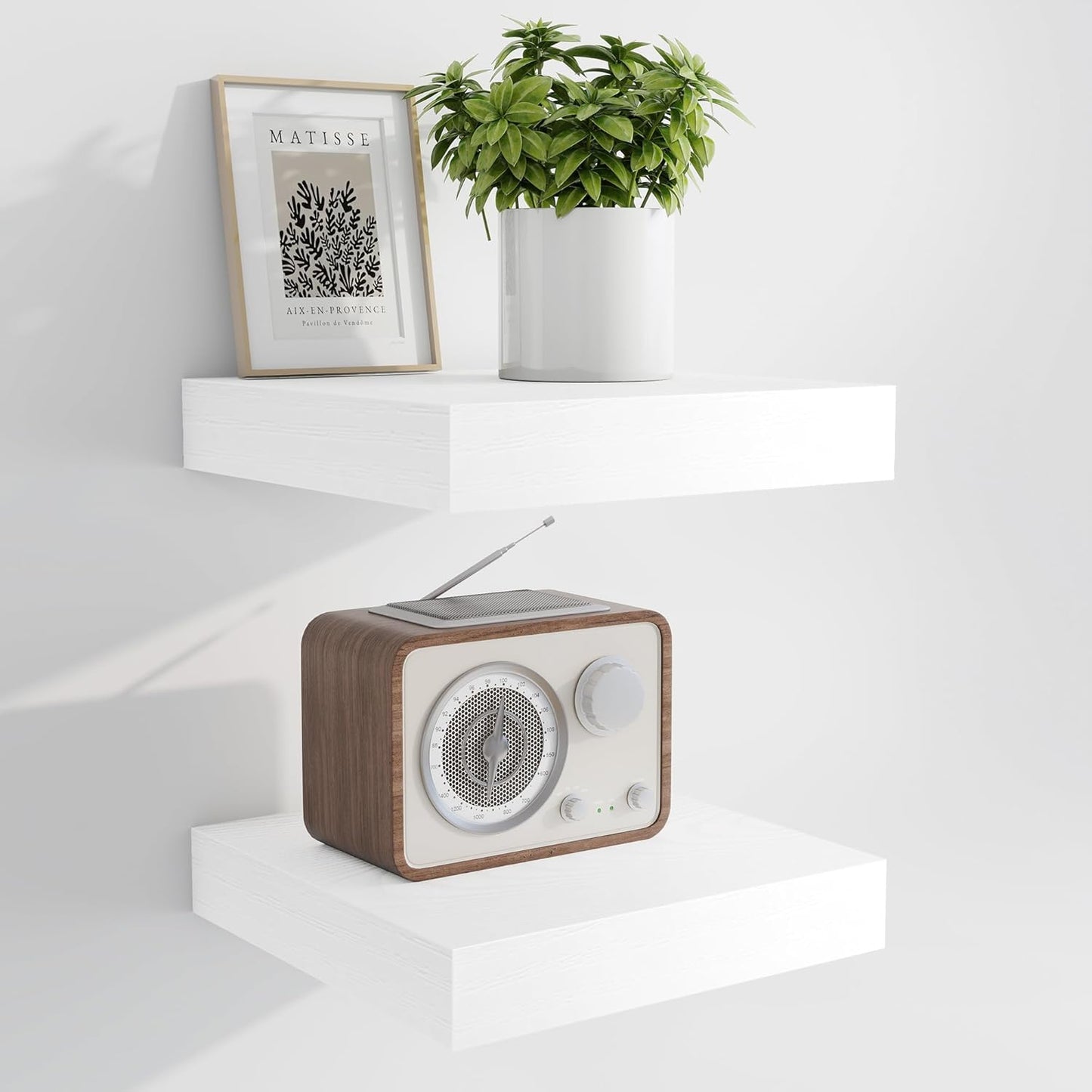 Marsmiles 6.7" Floating Shelves for Wall, Wooden Shelves with Invisible Brackets Set of 2, Rustic Farmhouse Wall Mounted Shelf for Kitchen Bathroom Living Room Study, White