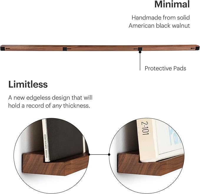 Vinyl Record Shelf - Three 3-Feet Long Display Shelves Made of Solid Walnut - A Wall Mount for Your Favorite Records -This Vinyl Record Holder Fits All Records (Walnut)