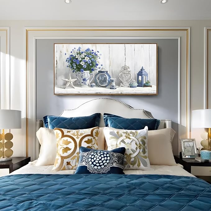 Nicetop Large Framed Artwork for Walls – Coastal Rustic Farmhouse Art Prints Blue and White Floral Canvas Art Vintage Country Shabby Chic Wall Picture for Living Room Bedroom Kitchen Dining 48x24 Inch