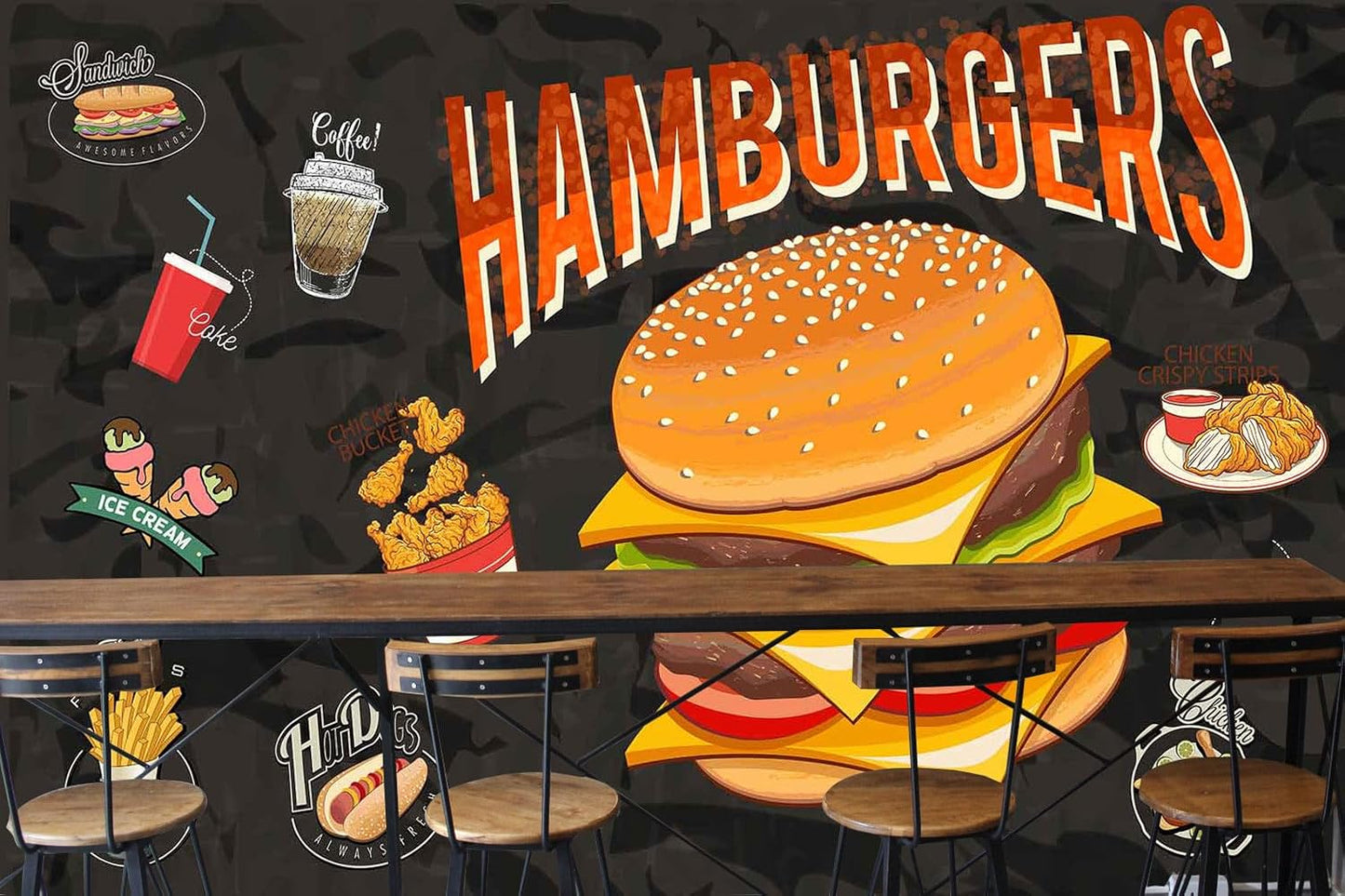 Restaurant or Coffee Shop Fast Food menu King Size Burger Mural for Restaurant Wall Decorations and advertisements（Not Peel and Stick）