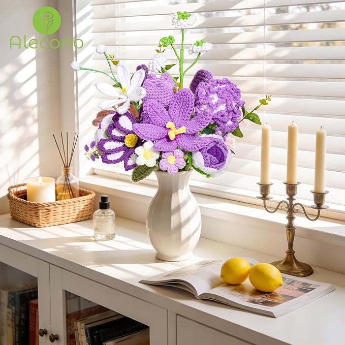Alecono Large Crochet Flower Bouquet, Knitted Artificial Flowers, Crochet Tulip as a Gift for Valentines Day Mothers Day, Graduation Gifts for Girls Women (Purple)