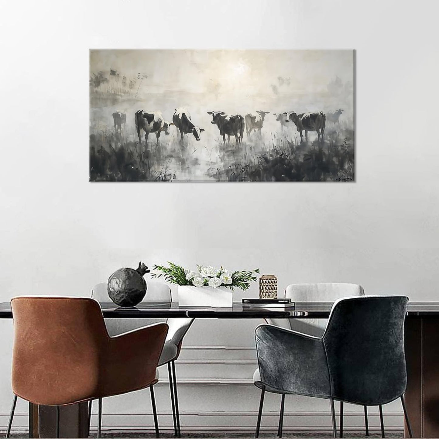 LASMOND Black and White Cow Wall Art for Living Room Ink Wash Canvas Painting Prints Morning Cattle Vintage Country Farmhouse Artwork Bedroom Office Decor (58x28 Inches)