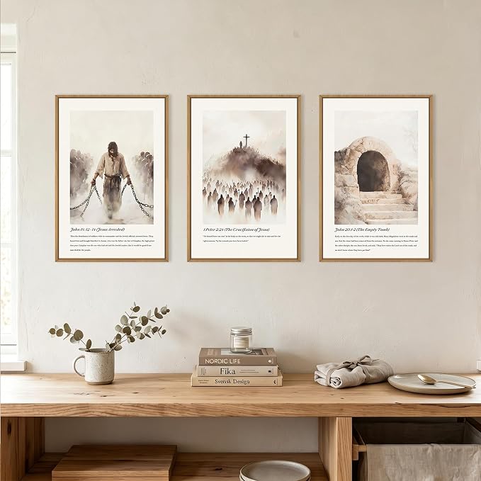 KAIRNE Jesus Christian Framed Canvas Wall Art Set,Neutral Bible Verses Wall Decor,Modern Religious Scripture Art Prints,Christ Cross Empty Tomb Artwork for Living Room,Bedroom,Church,Office-16 x24 x3