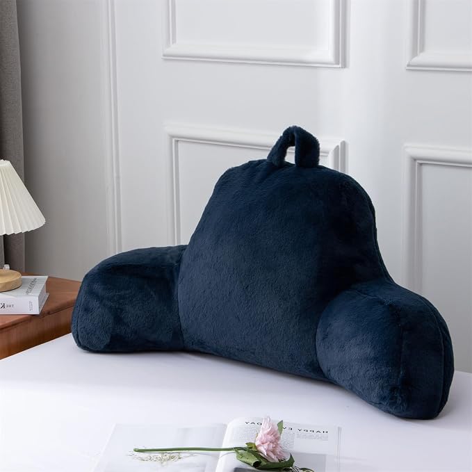 A Nice Night Faux Fur Reading Pillow Bed Wedge Large Adult Children Backrest with Arms Back Support for Sitting Up in Bed / Couch for Bedrest,Navy