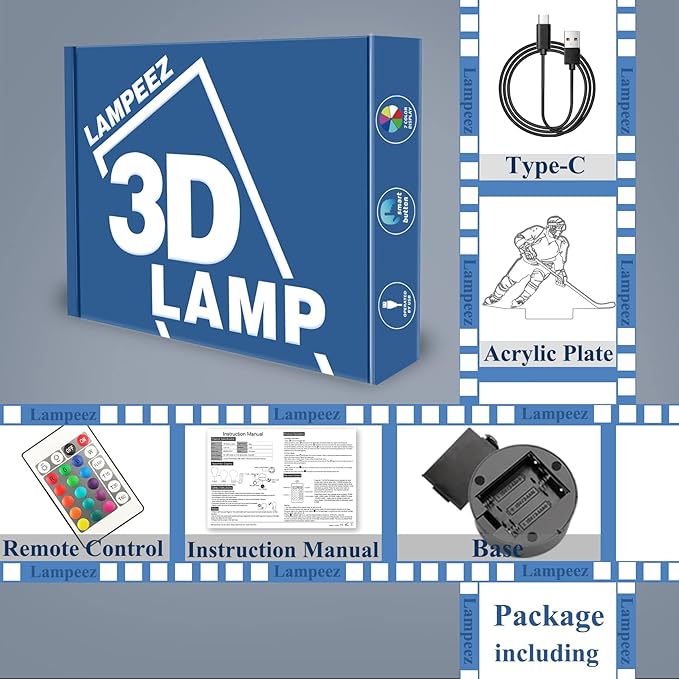 Lampeez Ice Hockey Player 3D Night Lights for Kids LED 16 Colors Remote Control Changing Touch Dimmable Table Desk Lamp Birthday Xmas Gifts Home Decor for Sports Hockey Fan