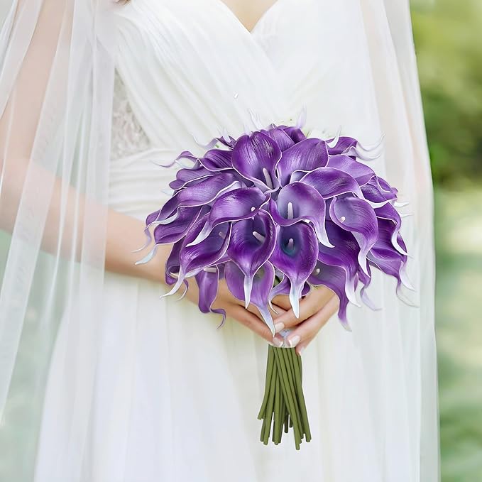 24 Pcs Purple Artificial Calla Lily Flowers Fake Purple Silk Flowers Real Touch for Wedding Bouquet Office Home Kitchen Decor