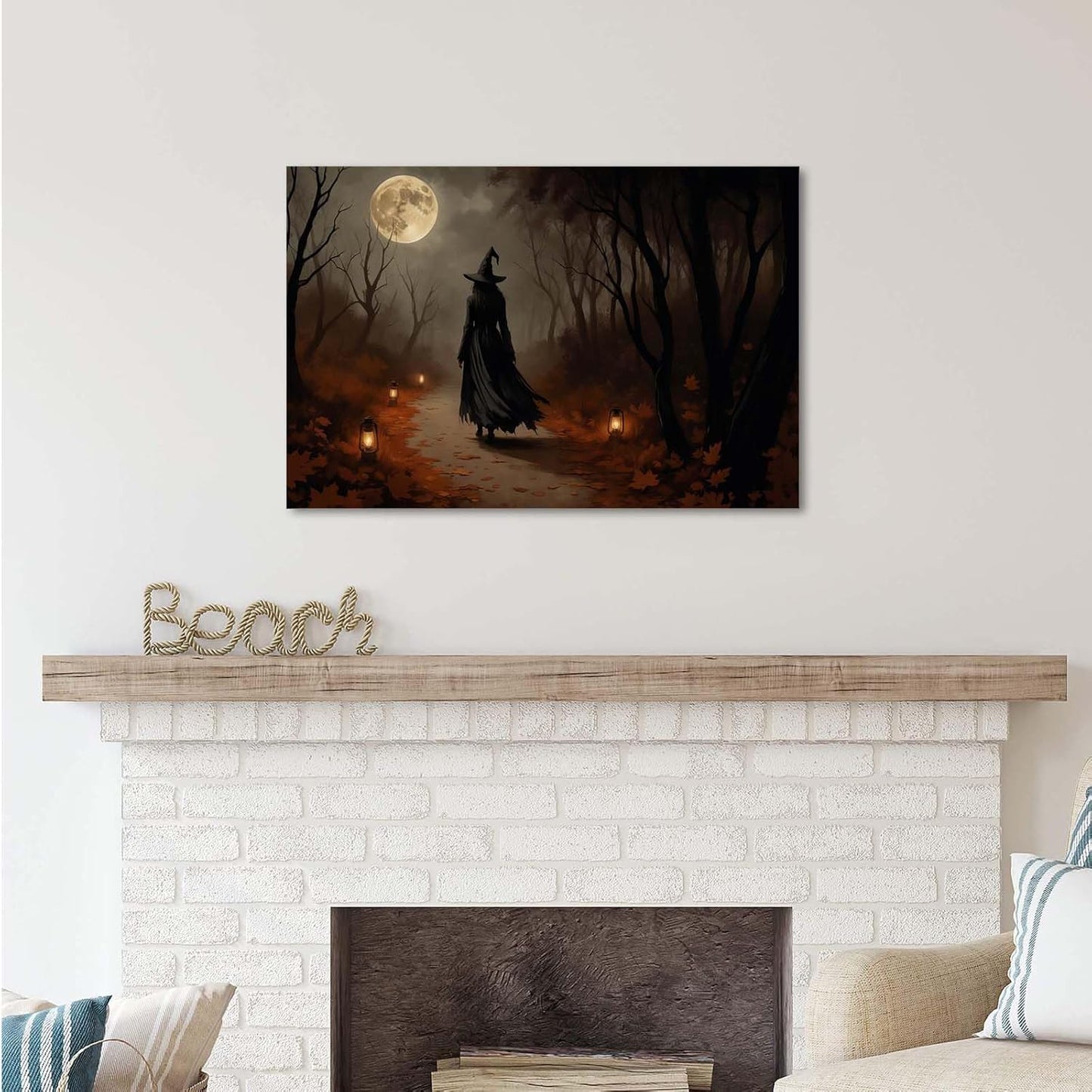 JFHCQJPK Moonlight witch poster dim lantern Halloween decoration Gothic style dark retro college style canvas wall art suitable for living room bedroom32x48in Frameless