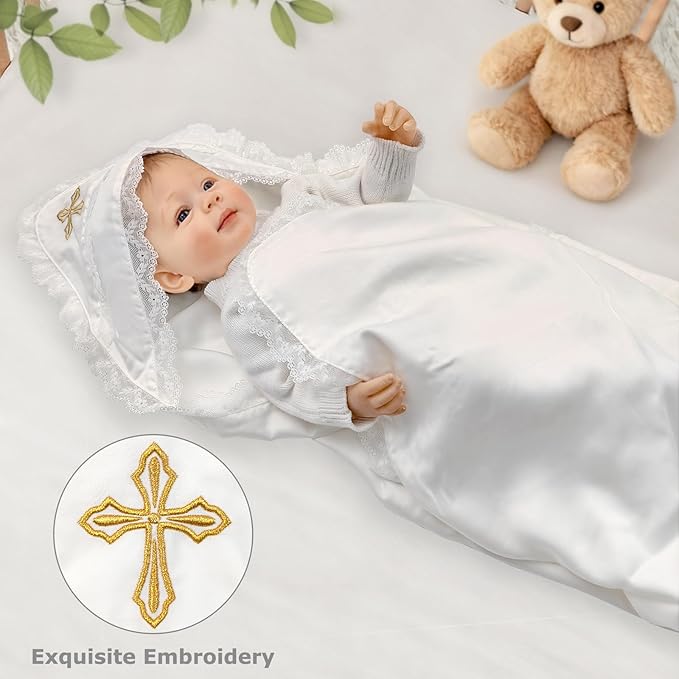 Tencel Baptism & Christening Baby Blanket – Soft Lyocell Heirloom Blanket with Delicate Lace Trim and Gold Cross Embroidery, 39.4×39.4 in, Elegant Religious Keepsake for Boys & Girls