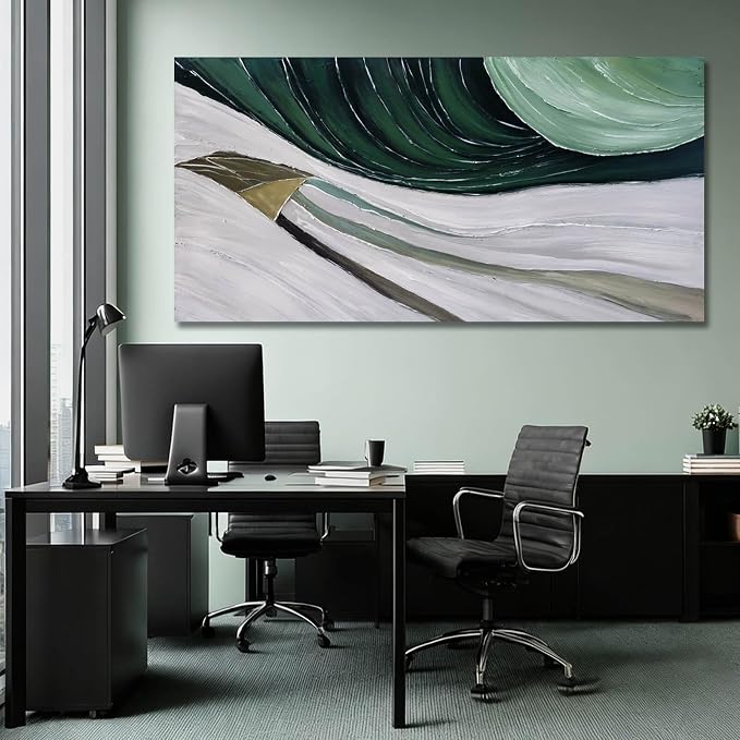 MLART99 Large Abstract Wave Painting Green and White Modern Canvas Wall Art Painted Line Texture for Bedroom Living Room Home Decor 29x58 Inch