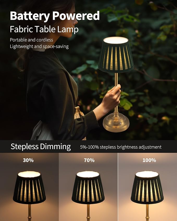 KDG Cordless LED Table Lamp Set of 2, Portables Fabric Shade Desk Lamps, 4000mAh Rechargeable Battery Powered Lighting, Dimmable Light for Dining Room, Bedroom, Bedside, Night Light, Balcony (Green)