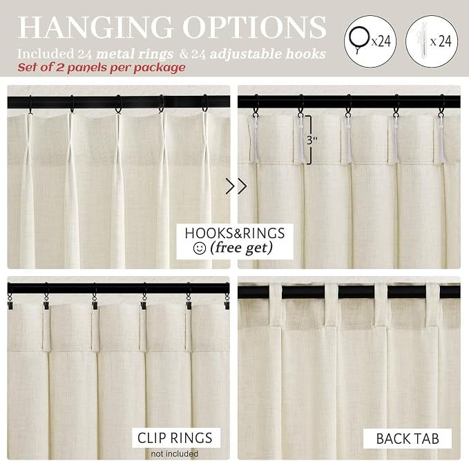 Extra Wide 70 Inch Cream Light Filtering Curtains for Sliding Glass Door 90 Inches Long 2 Panels Set, Memory Trained Pinch Pleat Semi Sheer Privacy Thick Linen Textured Windows Drapes with Back Tab