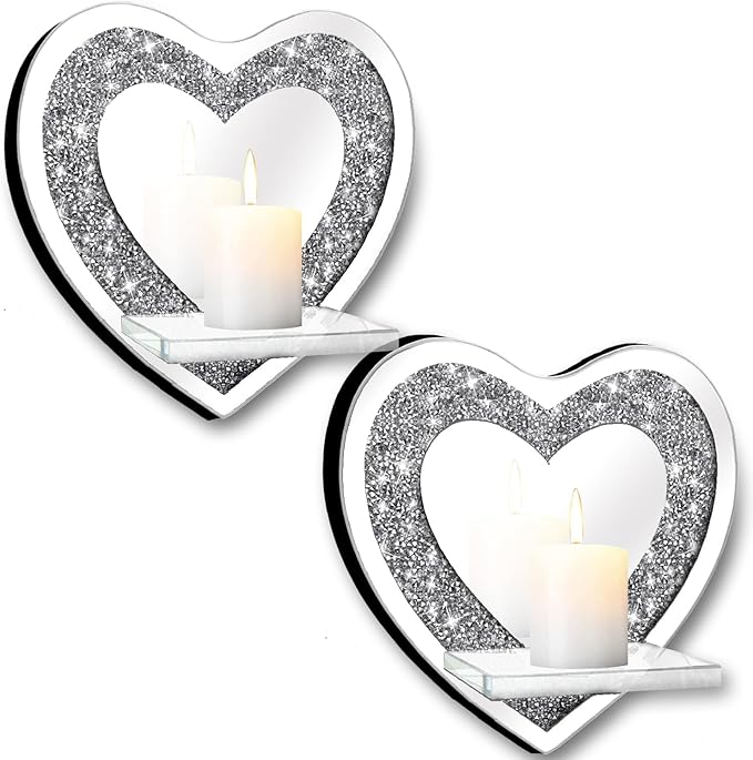 ZOLAPI Set of 2 Crystal Crush Diamond Candle Sconces, Gorgeous Silver Mirrored Wall Sconce, Candle Holder Glass Wall Decorations for Home Décor, Living Room, Dining Room.Heart Shaped