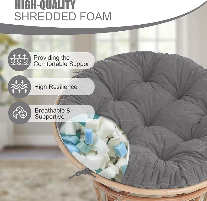 idee-home Papasan Chair Cushion, Circle Papasan Chair Cushion(Cushion Only) | Papasan Cushion with Thick Corduroy Cover, 48 x 48 Inch Cushion for Egg Chair, Light Grey