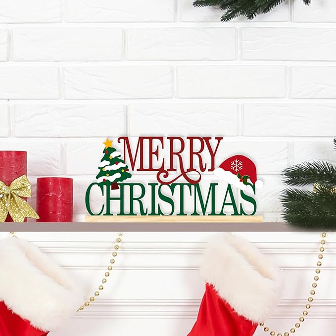 COCHIE Metal Merry Christmas Sign, Christmas Tree Table Centerpieces Decorations for Home, Office, Shelf, Mantel, Indoor, Xmas Red and Green Party Decor Supplies (XMAS A)